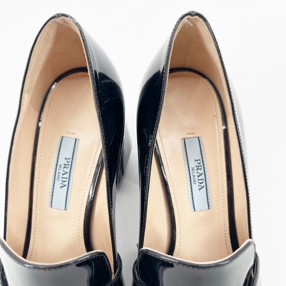 Prada Black Patent Leather Logo Heel Square Toe Loafer Pumps Women’s IT 36.5 - Picture 9 of 13